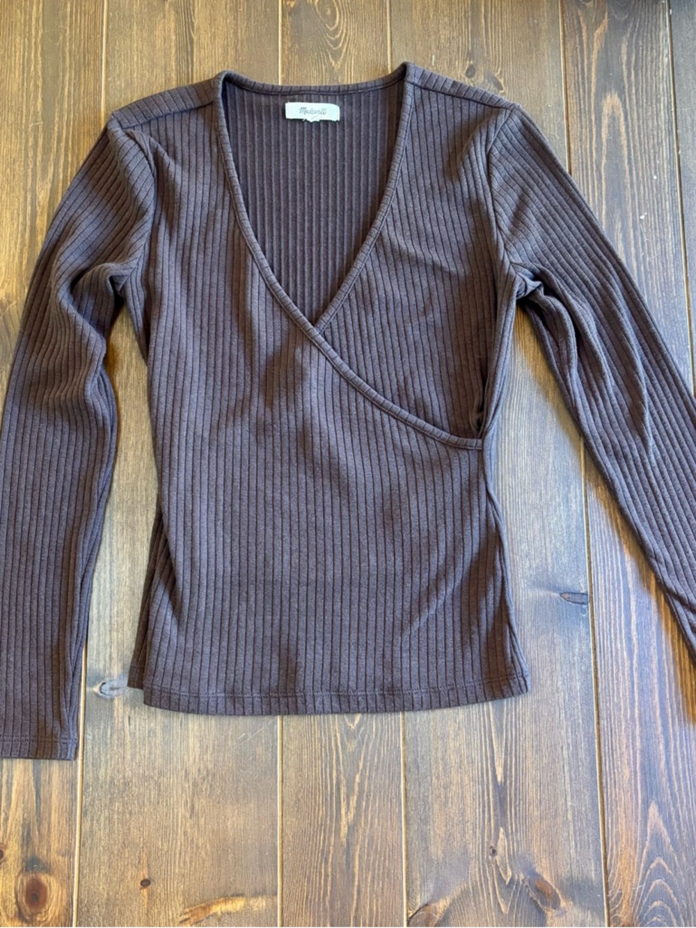 Madewell Ribbed Faux Wrap Top Chocolate Brown Long Sleeve Stretch Knit, Small - Picture 2 of 7